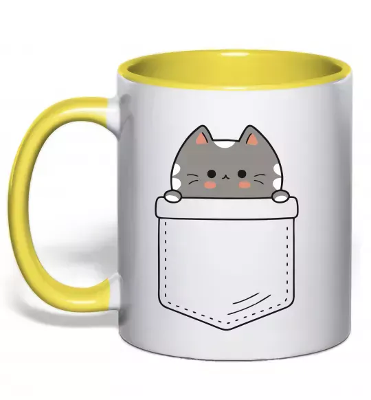 Чашка з кольоровою ручкою Котик в кишені Сонячно жовтий фото