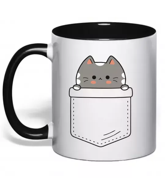 Чашка з кольоровою ручкою Котик в кишені Чорний фото