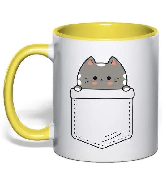 Чашка с цветной ручкой Котик в кишені Лимонный фото