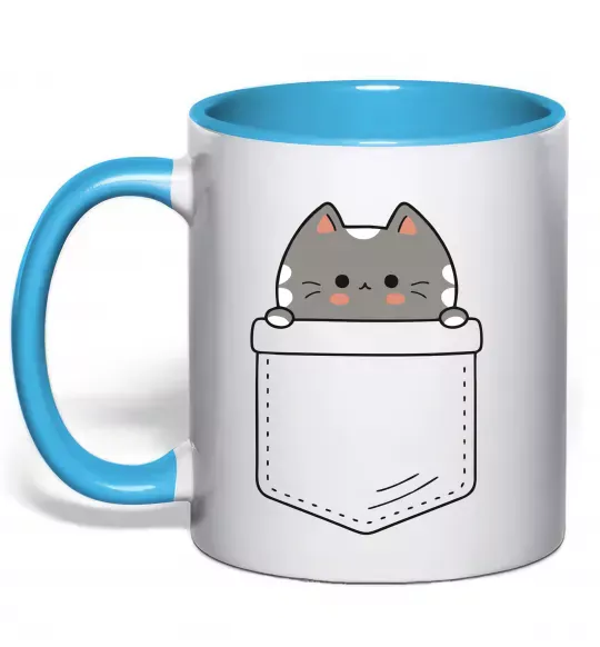 Чашка з кольоровою ручкою Котик в кишені Блакитний фото