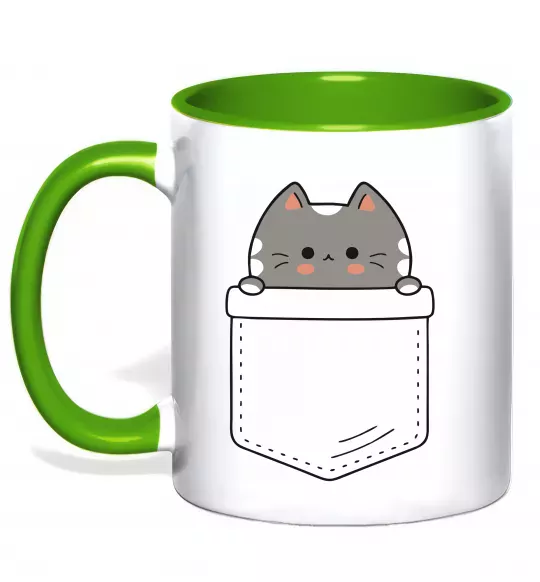 Чашка з кольоровою ручкою Котик в кишені Зелений фото