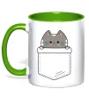Чашка з кольоровою ручкою Котик в кишені Зелений фото