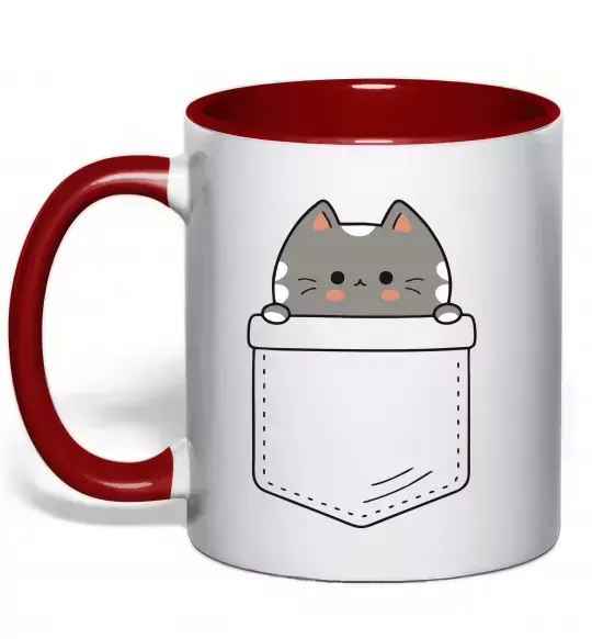 Чашка з кольоровою ручкою Котик в кишені Червоний фото