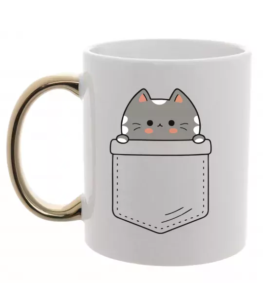 Чашка з кольоровою ручкою Котик в кишені Золото фото