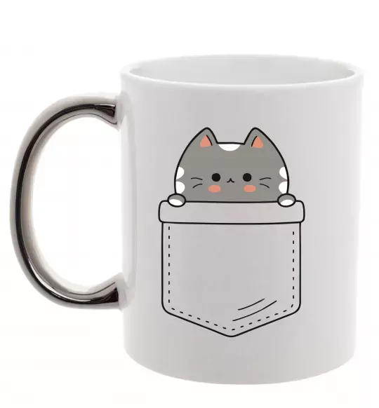 Чашка з кольоровою ручкою Котик в кишені Срібло фото