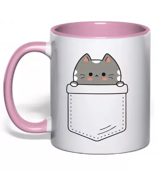 Чашка з кольоровою ручкою Котик в кишені Ніжно рожевий фото