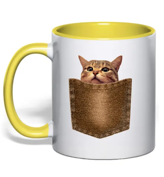 Чашка з кольоровою ручкою Кошеня в кишені Лимонний фото