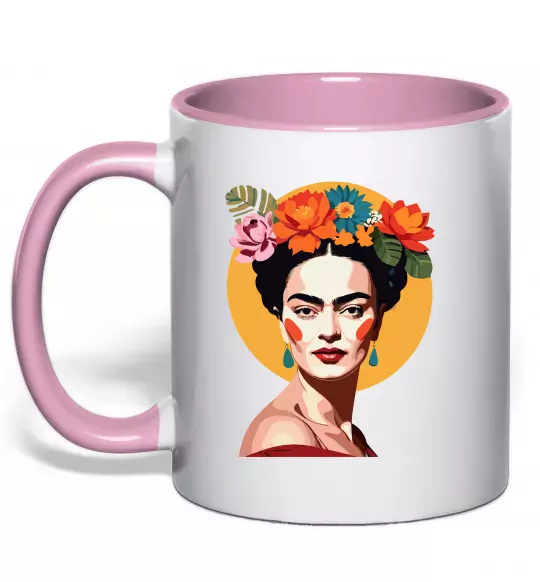 Чашка з кольоровою ручкою Фріда Кало з вінком Ніжно рожевий фото
