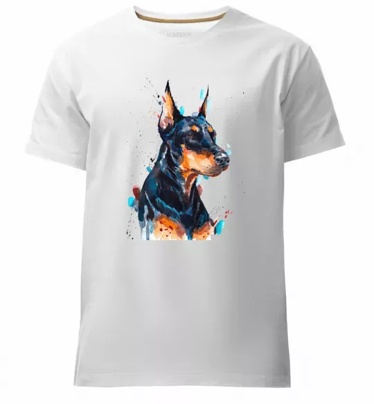 Мужская премиум футболка Доберман акварель Белый фото