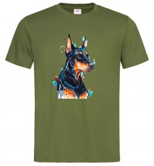 Мужская футболка Доберман акварель Оливковый фото