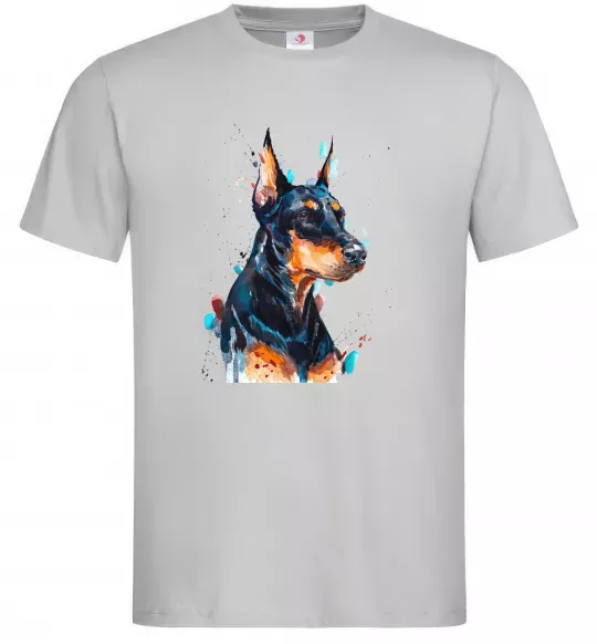 Мужская футболка Доберман акварель Серый фото