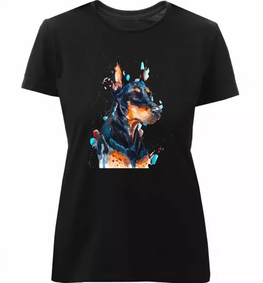 Женская премиум футболка Доберман акварель Черный фото