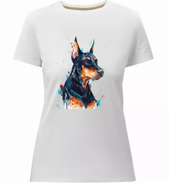 Женская премиум футболка Доберман акварель Белый фото