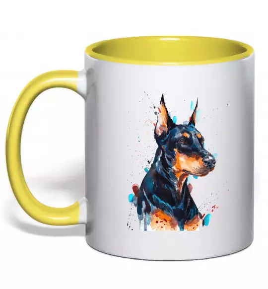 Чашка с цветной ручкой Доберман акварель Солнечно желтый фото