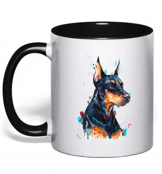 Чашка с цветной ручкой Доберман акварель Черный фото
