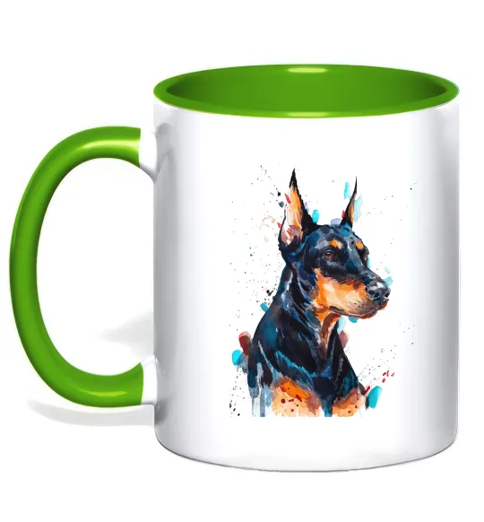 Чашка з кольоровою ручкою Доберман акварель Лаймовий фото