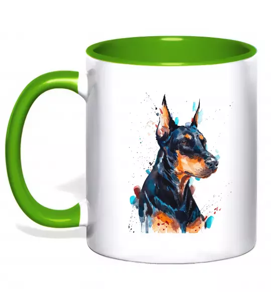 Чашка с цветной ручкой Доберман акварель Зеленый фото