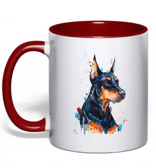 Чашка с цветной ручкой Доберман акварель Красный фото