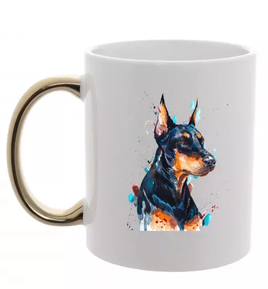 Чашка с цветной ручкой Доберман акварель Золото фото