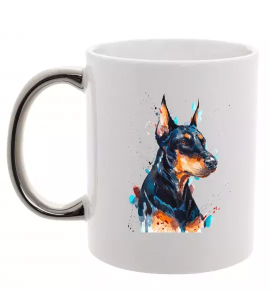 Чашка с цветной ручкой Доберман акварель Серебро фото