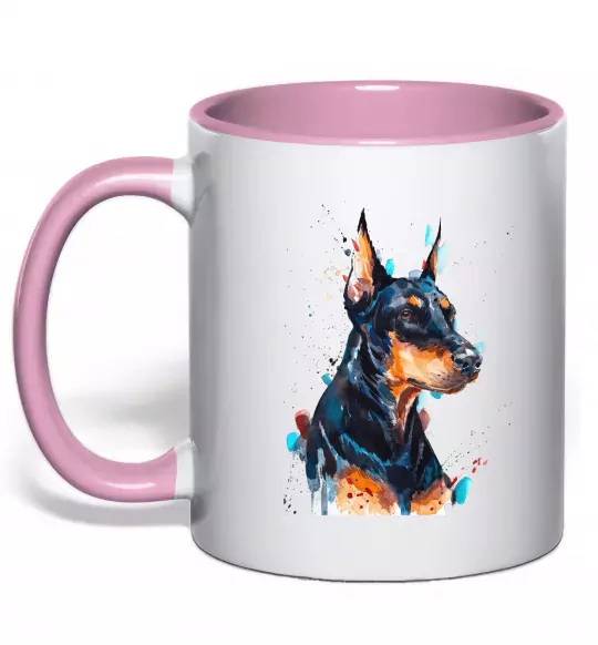 Чашка с цветной ручкой Доберман акварель Нежно розовый фото