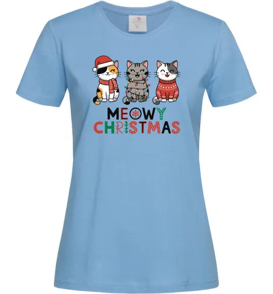 Женская футболка Meowy Christmas Голубой фото