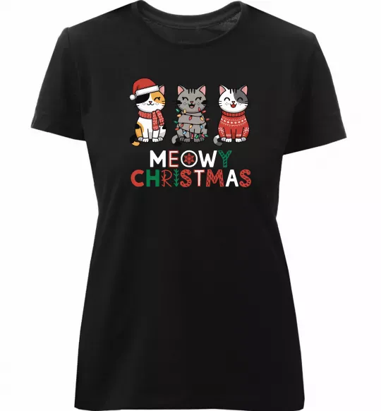 Женская премиум футболка Meowy Christmas Черный фото
