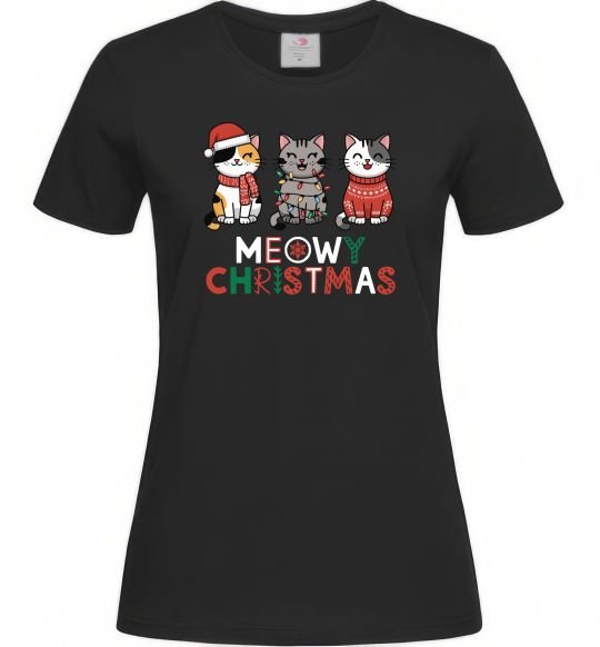 Женская футболка Meowy Christmas Черный фото