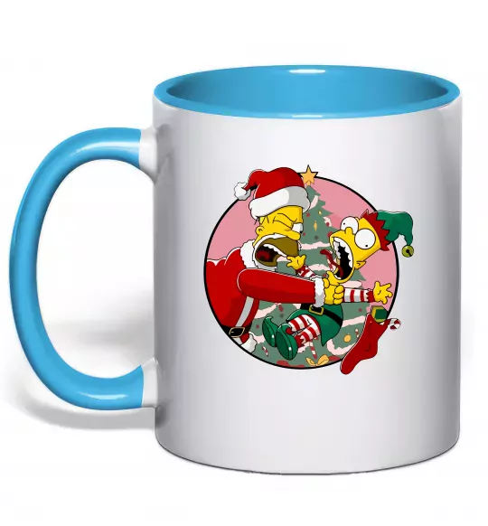 Чашка з кольоровою ручкою Гомер та Барт Новий Рік Блакитний фото