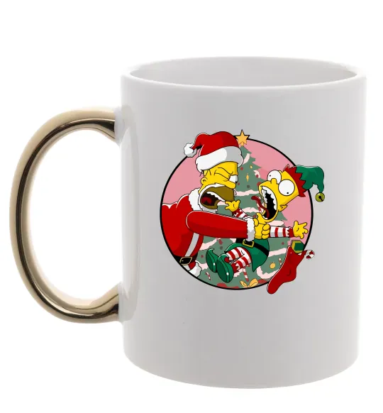 Чашка з кольоровою ручкою Гомер та Барт Новий Рік Золото фото