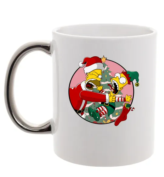 Чашка з кольоровою ручкою Гомер та Барт Новий Рік Срібло фото