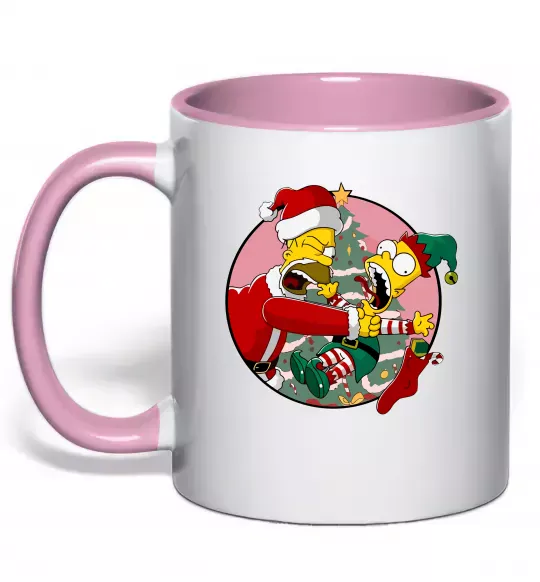 Чашка з кольоровою ручкою Гомер та Барт Новий Рік Ніжно рожевий фото