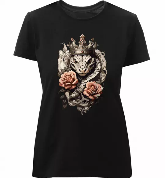 Жіноча преміум футболка Змія з короною в квітах Чорний фото