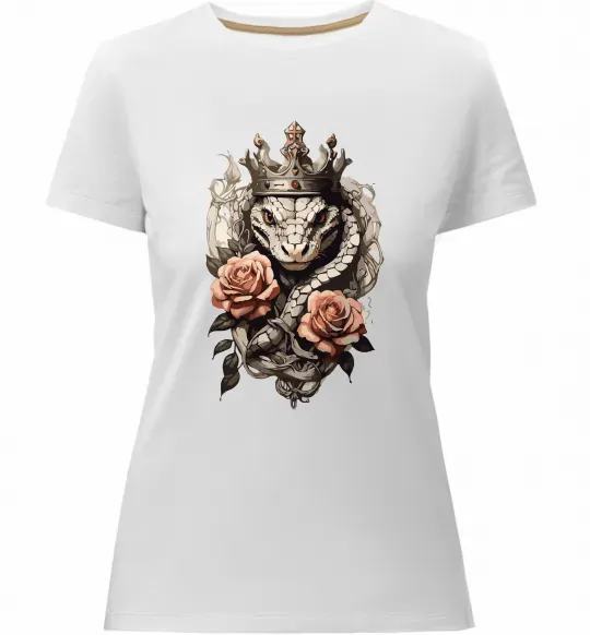 Жіноча преміум футболка Змія з короною в квітах Білий фото