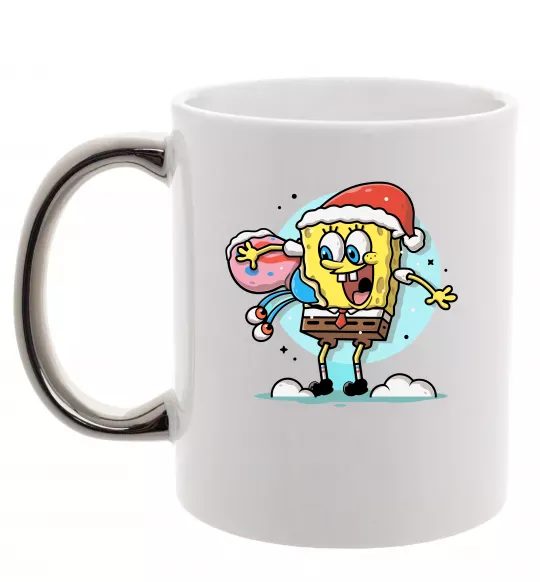 Чашка з кольоровою ручкою Губка Боб новорічний Срібло фото