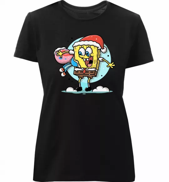 Жіноча преміум футболка Губка Боб новорічний Чорний фото