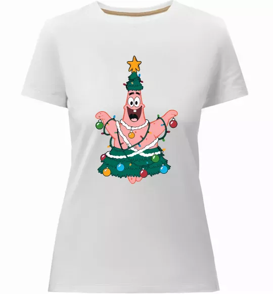 Жіноча преміум футболка Новорічний Патрік Білий фото