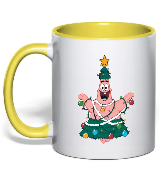 Чашка з кольоровою ручкою Новорічний Патрік Лимонний фото