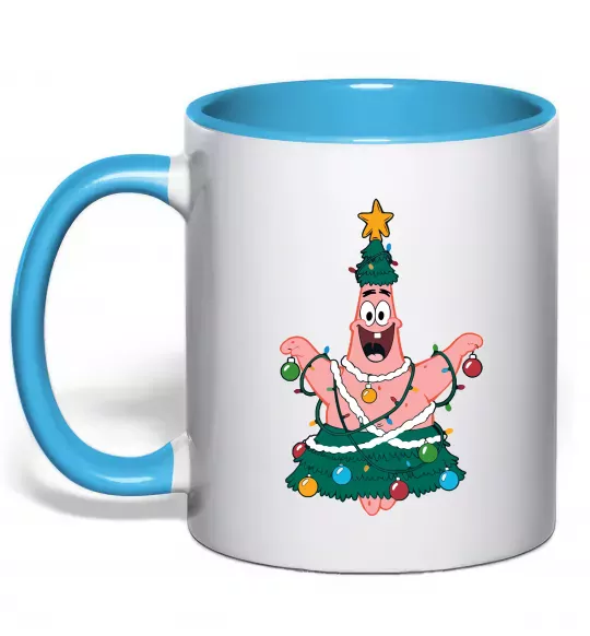 Чашка с цветной ручкой Новорічний Патрік Голубой фото