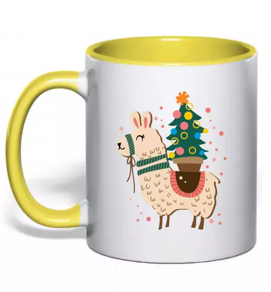 Чашка з кольоровою ручкою Лама з ялинкою Сонячно жовтий фото