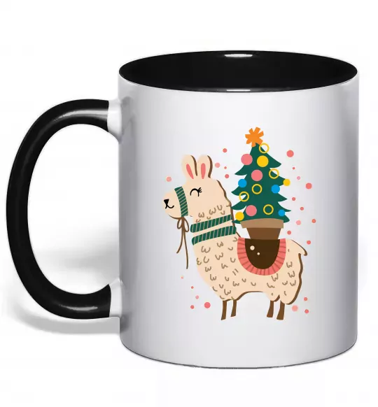 Чашка з кольоровою ручкою Лама з ялинкою Чорний фото