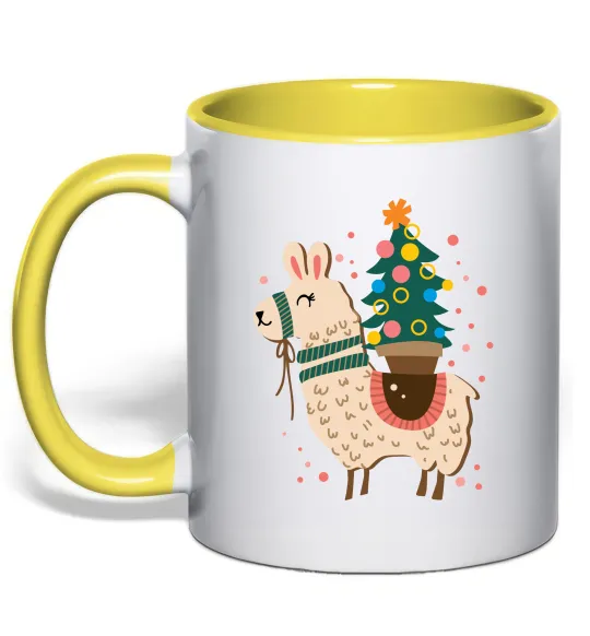 Чашка с цветной ручкой Лама з ялинкою Лимонный фото
