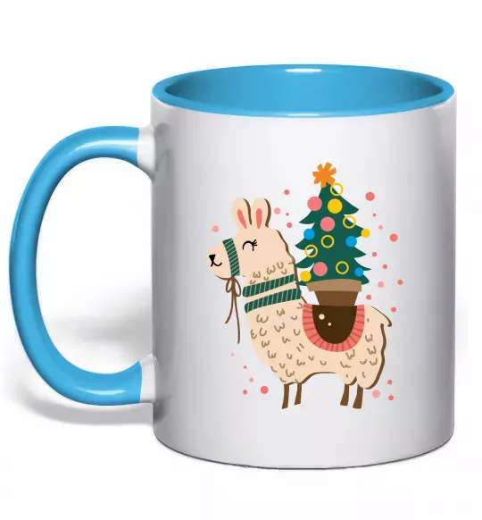 Чашка з кольоровою ручкою Лама з ялинкою Блакитний фото