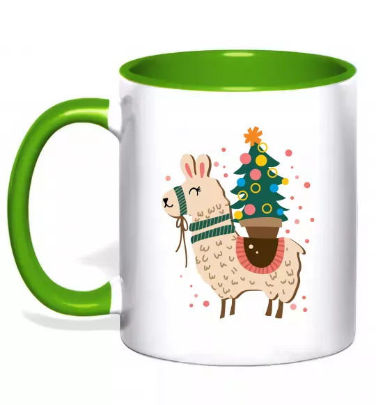 Чашка з кольоровою ручкою Лама з ялинкою Зелений фото