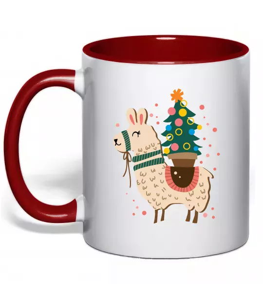 Чашка з кольоровою ручкою Лама з ялинкою Червоний фото