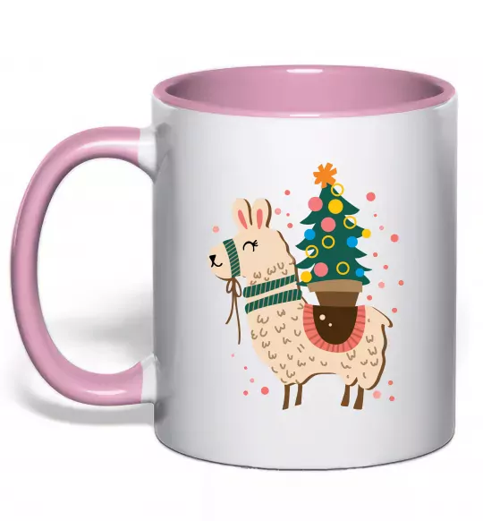 Чашка з кольоровою ручкою Лама з ялинкою Ніжно рожевий фото