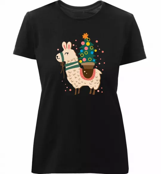 Жіноча преміум футболка Лама з ялинкою Чорний фото
