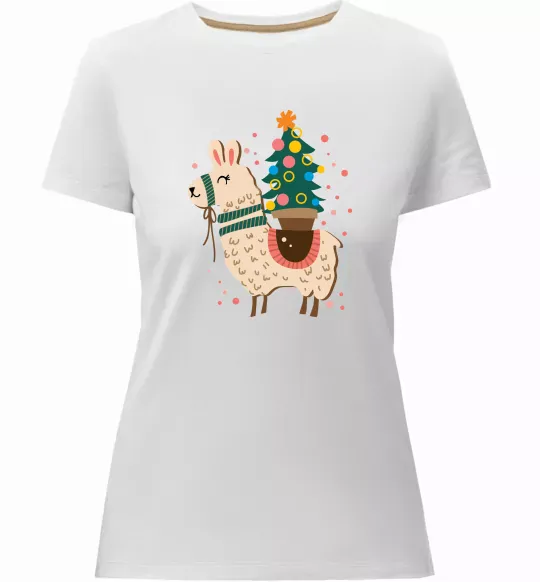 Жіноча преміум футболка Лама з ялинкою Білий фото