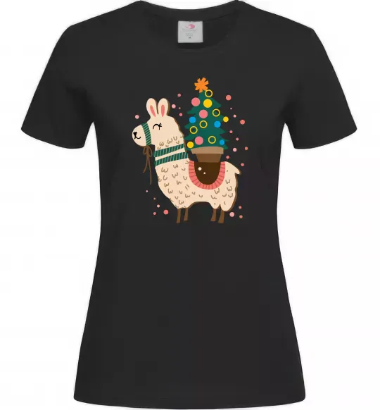 Женская футболка Лама з ялинкою Черный фото