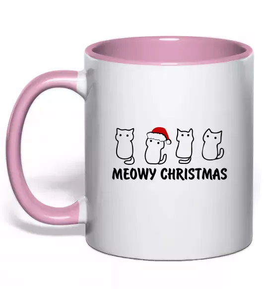 Чашка з кольоровою ручкою Новорічні котики Ніжно рожевий фото